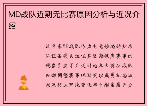 MD战队近期无比赛原因分析与近况介绍